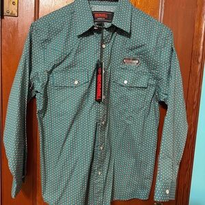 Rock & Roll Denim Teal Patterned Button Down Shirt